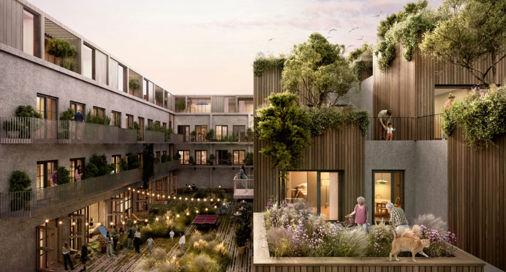 Visualisierung des Quartier Autopalast in Salzburg mit begrünten Dachterrassen, Holzfassaden und gemeinschaftlichem Innenhof.